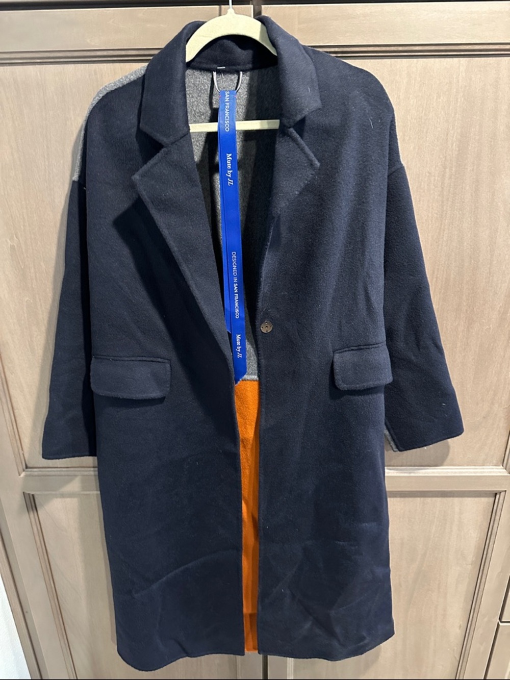 Dark Navy Long Coat with Bright Orange Lining